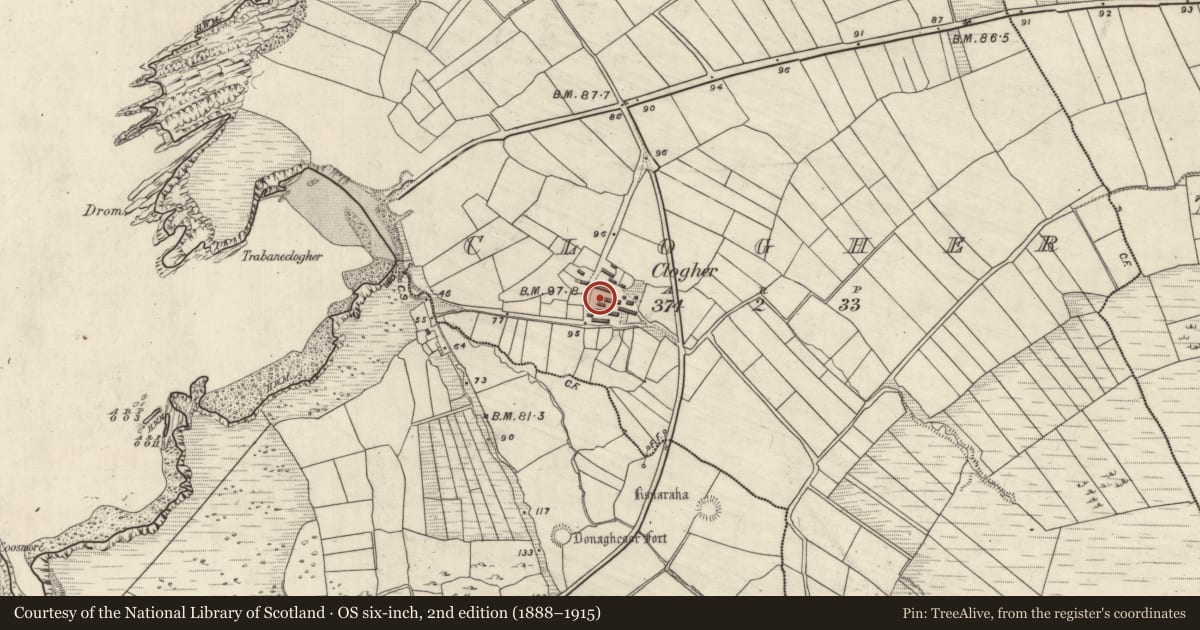 Ordnance Survey six-inch map, 2nd edition (1888–1915) covering the location of Hut site, Cloichear, County Kerry, with a pin at the register's coordinates