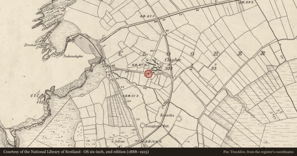 Ordnance Survey six-inch map, 2nd edition (1888–1915) covering the location of Hut site, Cloichear, County Kerry, with a pin at the register's coordinates