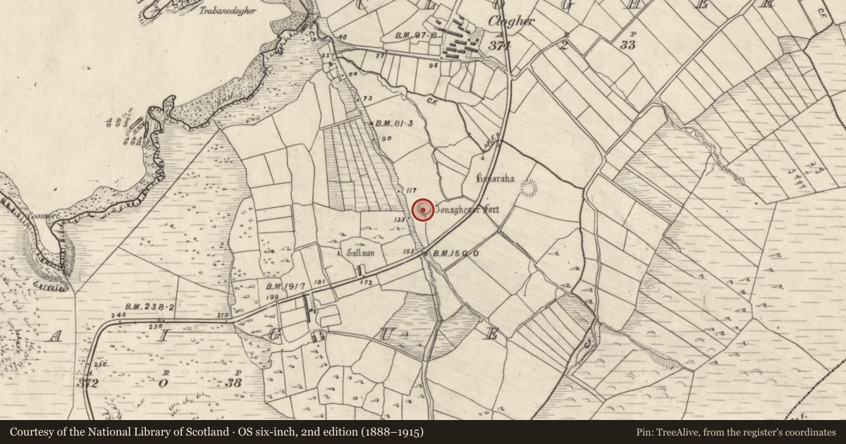 Ordnance Survey six-inch map, 2nd edition (1888–1915) covering the location of Ringfort - rath, An Gráig (TC Dún Urlann), County Kerry, with a pin at the register's coordinates