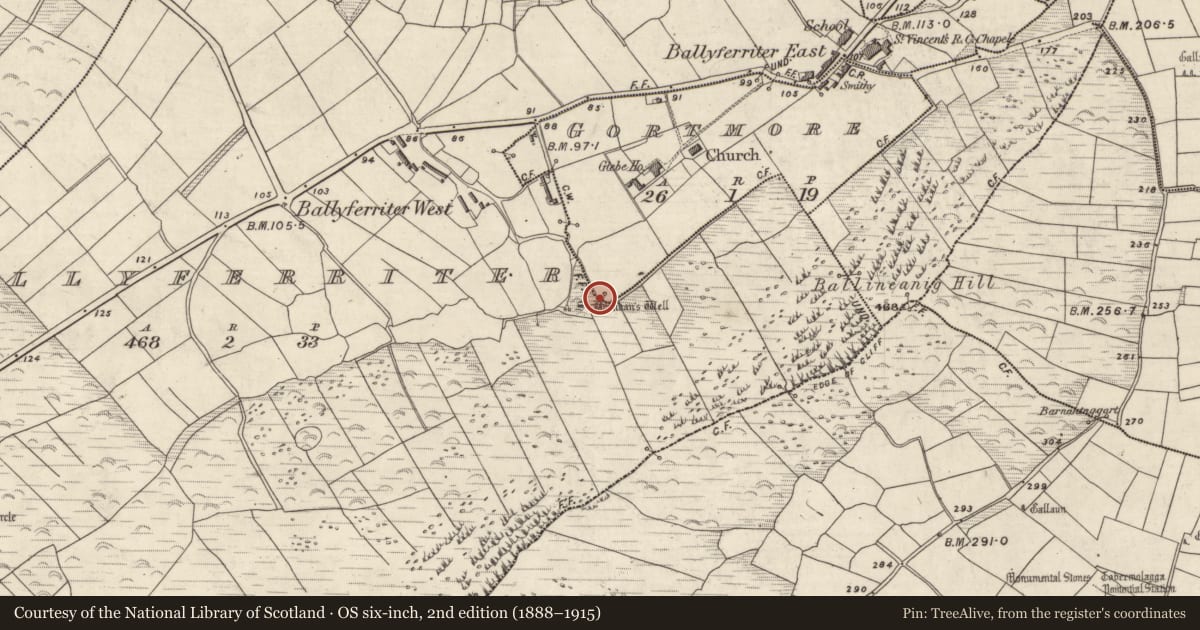 Ordnance Survey six-inch map, 2nd edition (1888–1915) covering the location of Ritual site - holy well, Baile An Fheirtéaraigh, County Kerry, with a pin at the register's coordinates