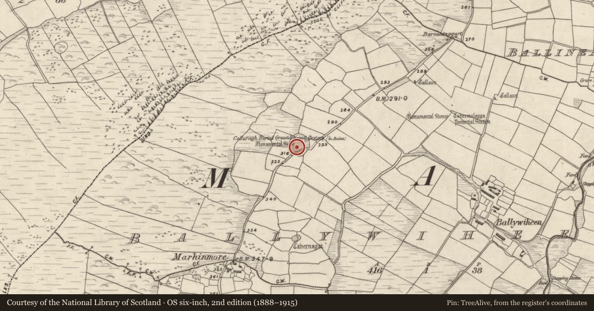 Ordnance Survey six-inch map, 2nd edition (1888–1915) covering the location of Ecclesiastical enclosure, Baile An Bhaoithín, County Kerry, with a pin at the register's coordinates