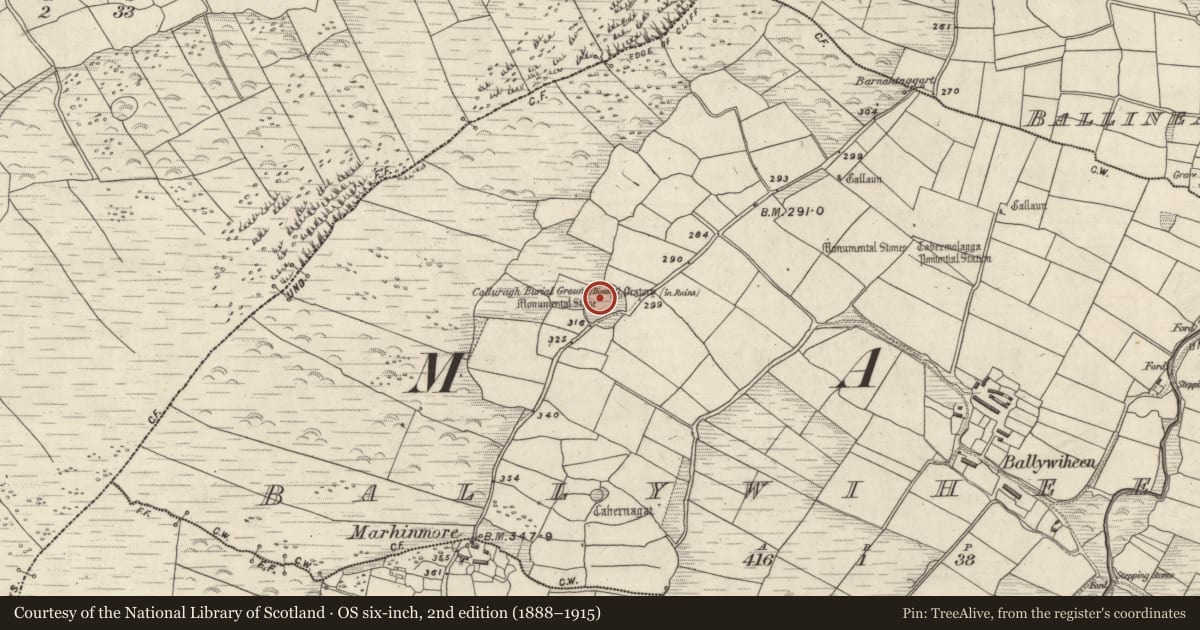 Ordnance Survey six-inch map, 2nd edition (1888–1915) covering the location of Children's burial ground, Baile An Bhaoithín, County Kerry, with a pin at the register's coordinates