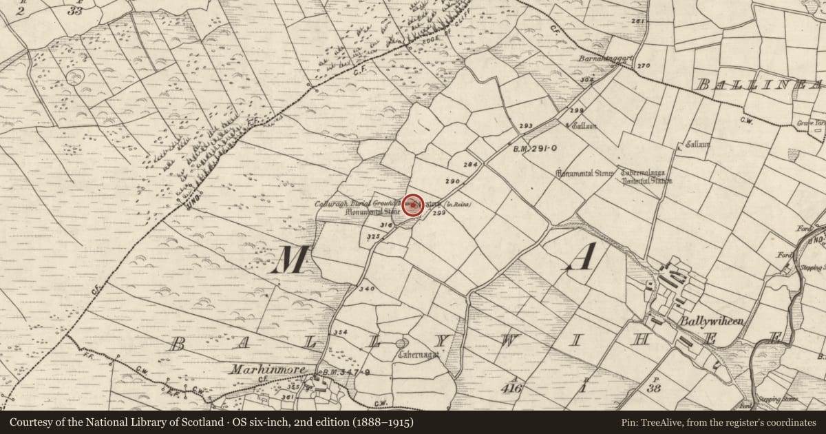 Ordnance Survey six-inch map, 2nd edition (1888–1915) covering the location of Church, Baile An Bhaoithín, County Kerry, with a pin at the register's coordinates