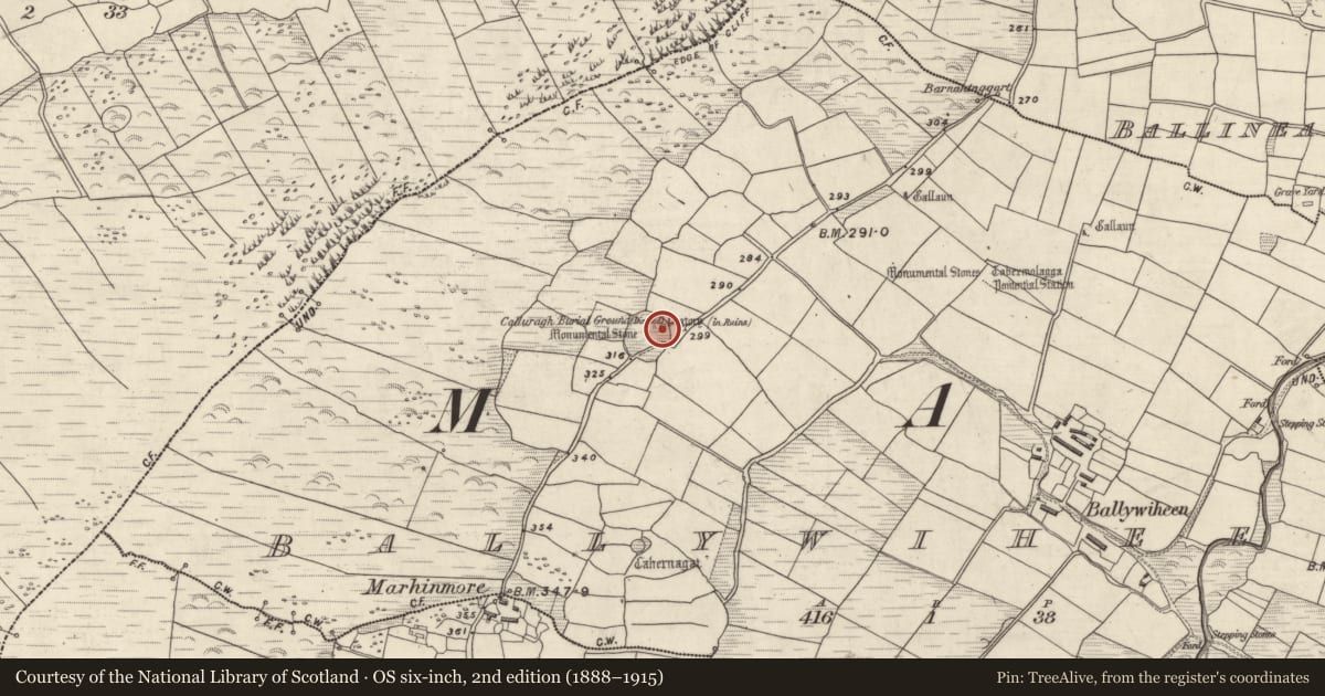 Ordnance Survey six-inch map, 2nd edition (1888–1915) covering the location of Souterrain, Baile An Bhaoithín, County Kerry, with a pin at the register's coordinates