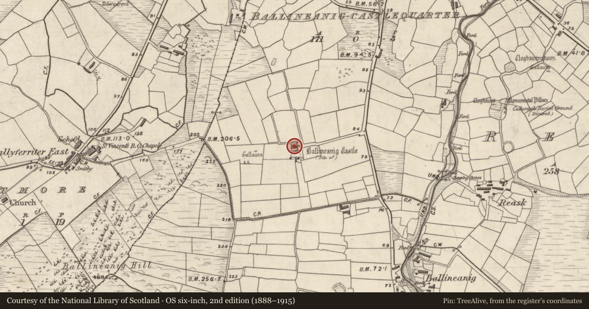 Ordnance Survey six-inch map, 2nd edition (1888–1915) covering the location of Castle - tower house, Ceathrú An Chaisleáin, County Kerry, with a pin at the register's coordinates