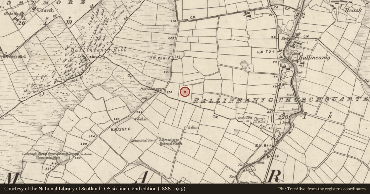 Ordnance Survey six-inch map, 2nd edition (1888–1915) covering the location of Ringfort - rath, Ceathrú An Teampaill, County Kerry, with a pin at the register's coordinates