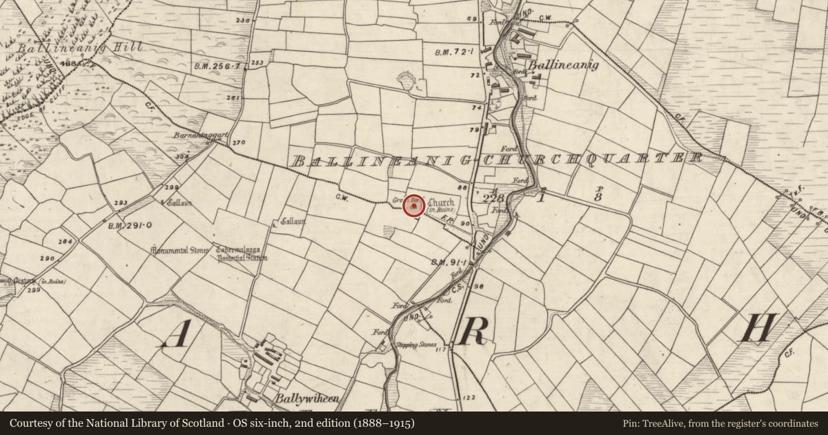 Ordnance Survey six-inch map, 2nd edition (1888–1915) covering the location of Church, Ceathrú An Teampaill, County Kerry, with a pin at the register's coordinates