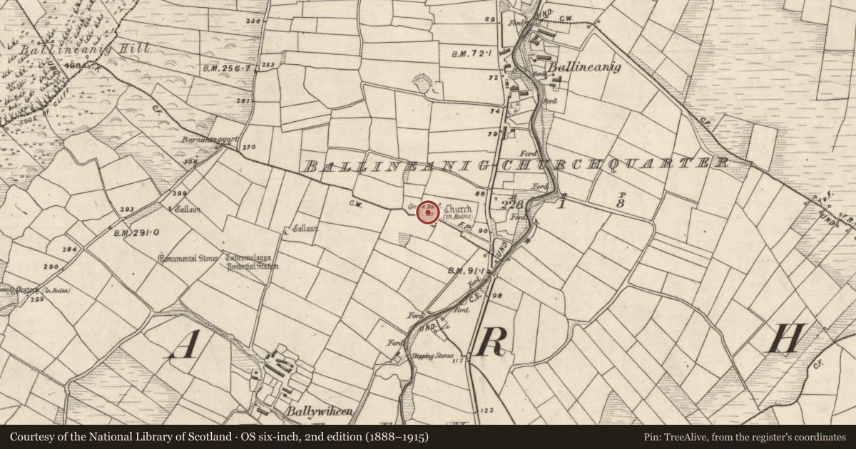 Ordnance Survey six-inch map, 2nd edition (1888–1915) covering the location of Font, Ceathrú An Teampaill, County Kerry, with a pin at the register's coordinates