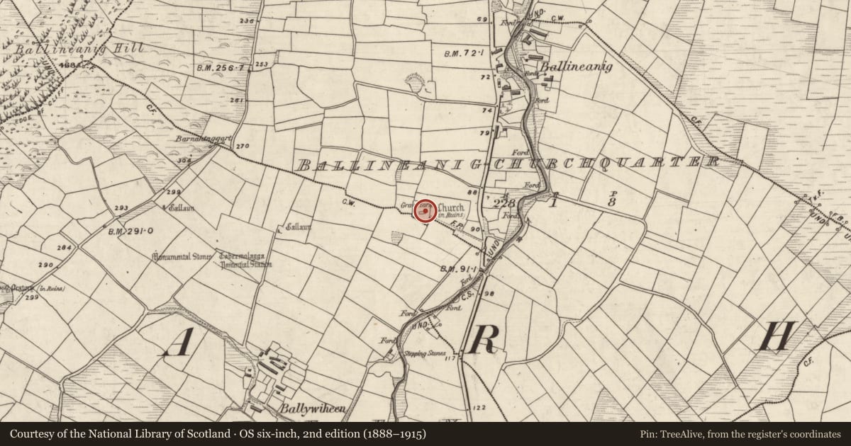 Ordnance Survey six-inch map, 2nd edition (1888–1915) covering the location of Cross-inscribed stone, Ceathrú An Teampaill, County Kerry, with a pin at the register's coordinates