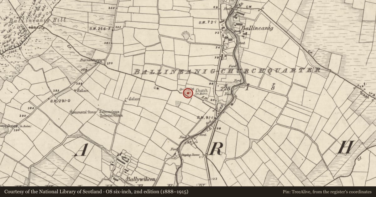 Ordnance Survey six-inch map, 2nd edition (1888–1915) covering the location of Cross-inscribed stone, Ceathrú An Teampaill, County Kerry, with a pin at the register's coordinates