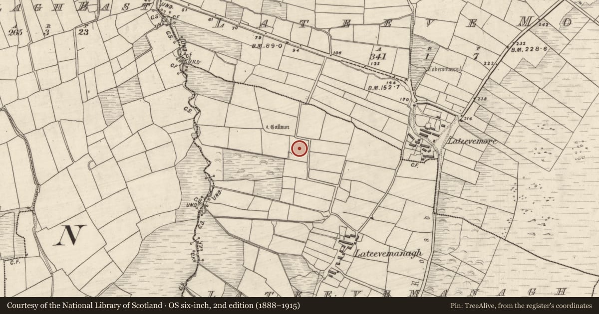 Ordnance Survey six-inch map, 2nd edition (1888–1915) covering the location of Mound, Leataoibh Meánach, County Kerry, with a pin at the register's coordinates
