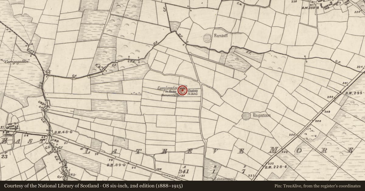Ordnance Survey six-inch map, 2nd edition (1888–1915) covering the location of Ecclesiastical enclosure, Leataoibh Mór, County Kerry, with a pin at the register's coordinates