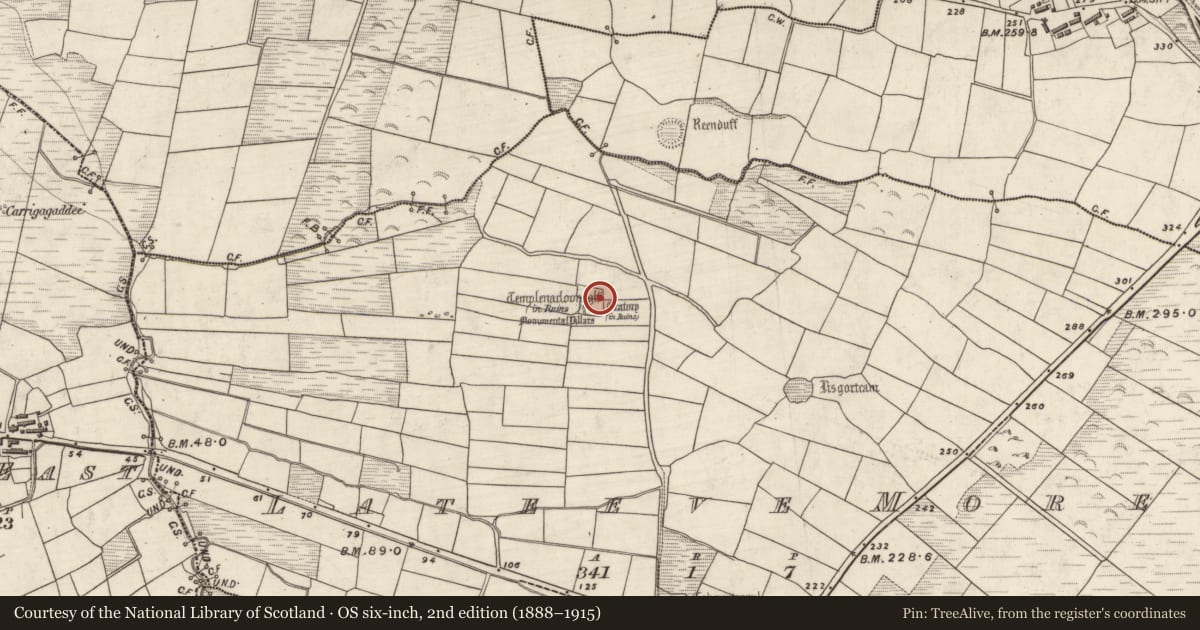 Ordnance Survey six-inch map, 2nd edition (1888–1915) covering the location of Cross-inscribed stone, Leataoibh Mór, County Kerry, with a pin at the register's coordinates