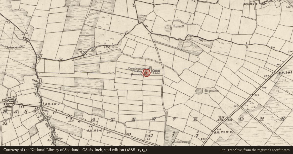Ordnance Survey six-inch map, 2nd edition (1888–1915) covering the location of Cross-inscribed pillar, Leataoibh Mór, County Kerry, with a pin at the register's coordinates