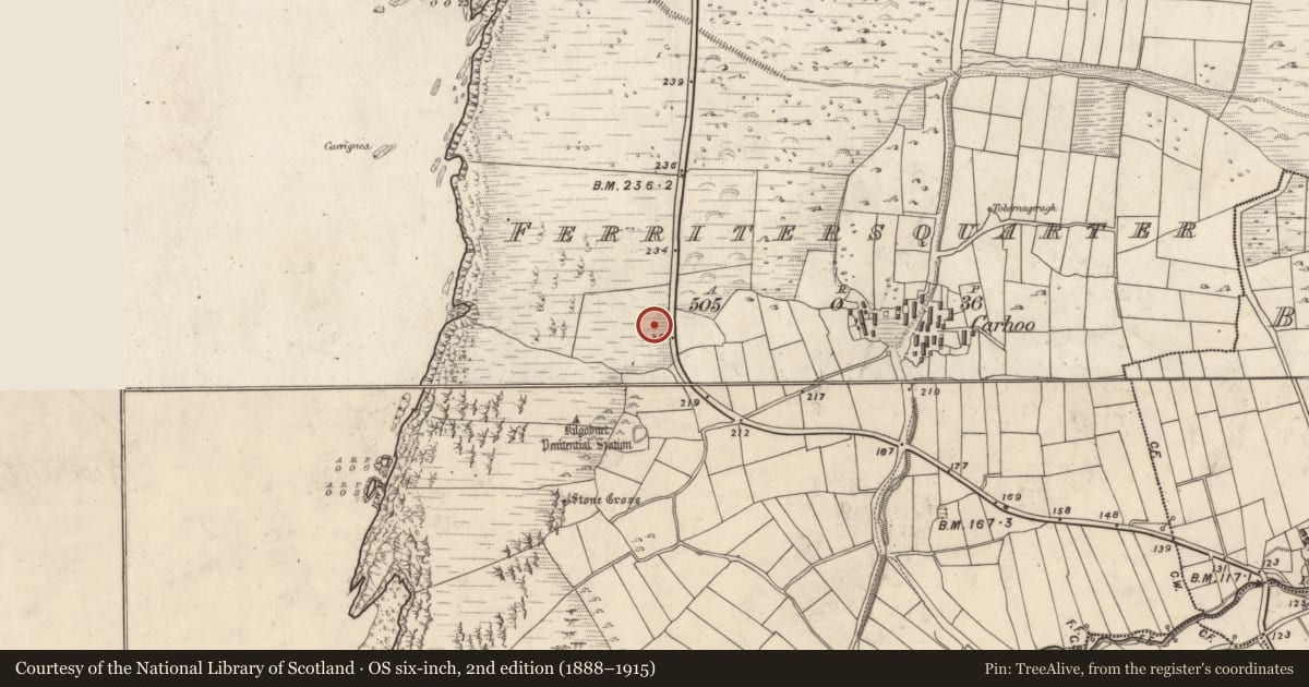 Ordnance Survey six-inch map, 2nd edition (1888–1915) covering the location of Enclosure, Ceathrú An Fheirtéaraigh, County Kerry, with a pin at the register's coordinates