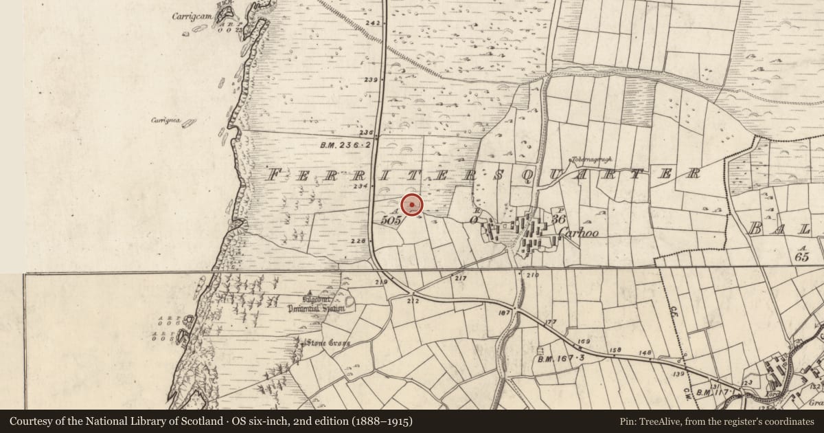 Ordnance Survey six-inch map, 2nd edition (1888–1915) covering the location of Enclosure, Ceathrú An Fheirtéaraigh, County Kerry, with a pin at the register's coordinates