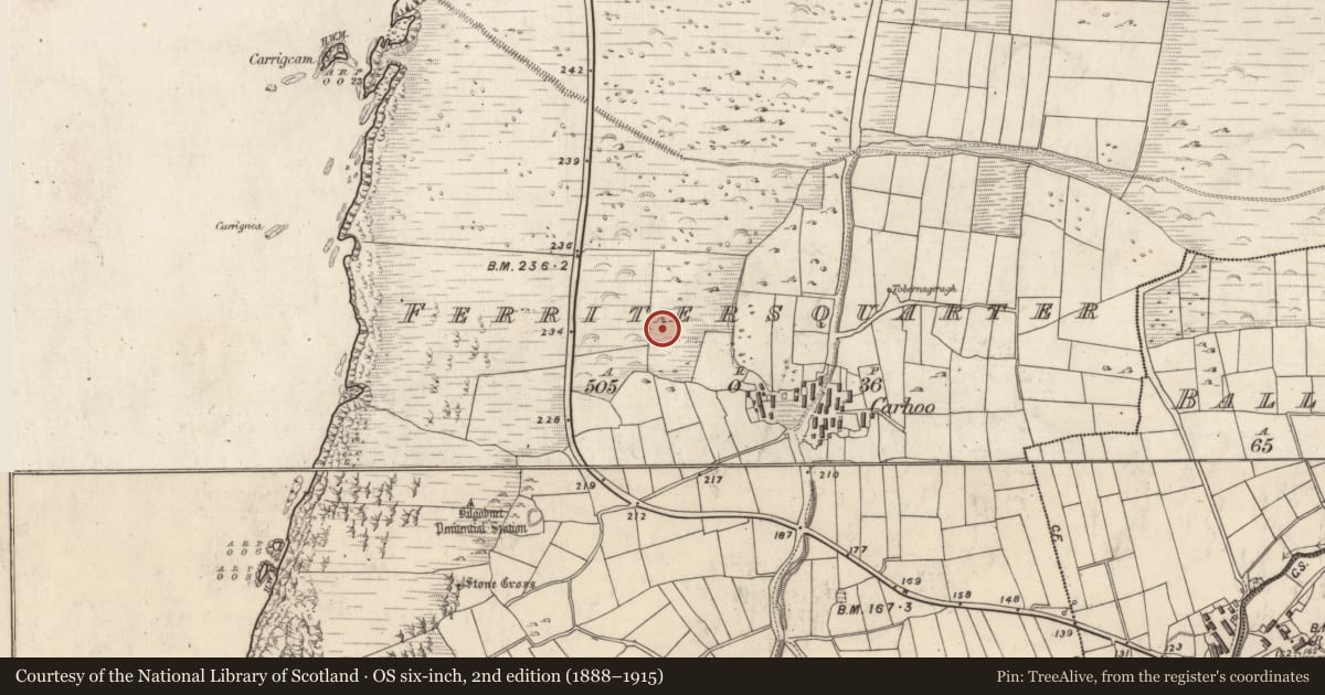 Ordnance Survey six-inch map, 2nd edition (1888–1915) covering the location of Standing stone, Ceathrú An Fheirtéaraigh, County Kerry, with a pin at the register's coordinates