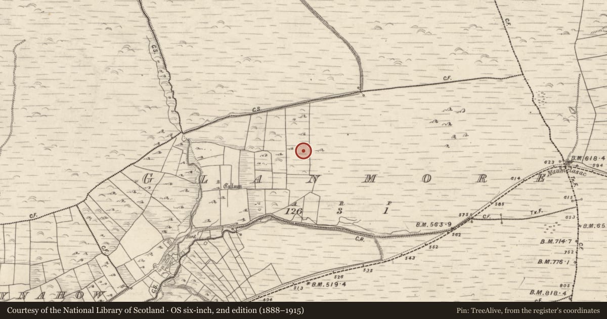 Ordnance Survey six-inch map, 2nd edition (1888–1915) covering the location of Mound, An Gleann Mór (Bar. Corca Dhuibhne, TC Dún Chaoin), County Kerry, with a pin at the register's coordinates