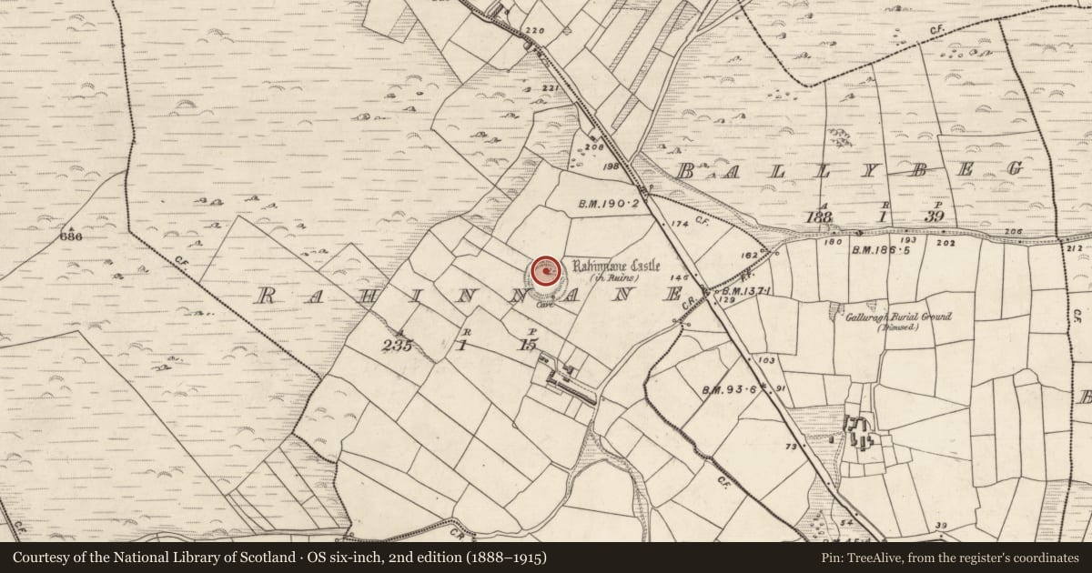 Ordnance Survey six-inch map, 2nd edition (1888–1915) covering the location of Castle - tower house, Ráthanáin, County Kerry, with a pin at the register's coordinates