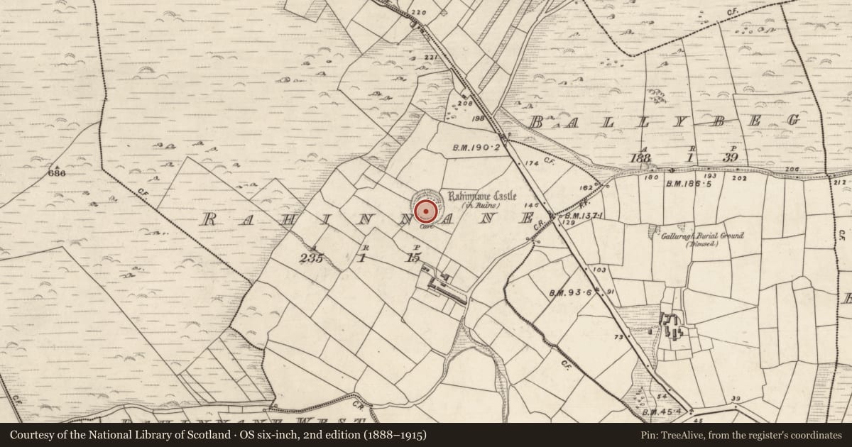 Ordnance Survey six-inch map, 2nd edition (1888–1915) covering the location of Building, Ráthanáin, County Kerry, with a pin at the register's coordinates