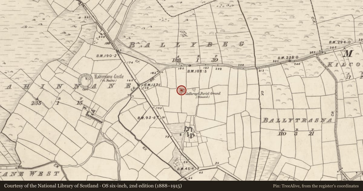 Ordnance Survey six-inch map, 2nd edition (1888–1915) covering the location of Children's burial ground, An Baile Beag (TC Ceann Trá), County Kerry, with a pin at the register's coordinates