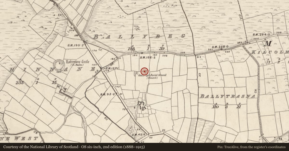 Ordnance Survey six-inch map, 2nd edition (1888–1915) covering the location of Children's burial ground, An Baile Beag (TC Ceann Trá), County Kerry, with a pin at the register's coordinates
