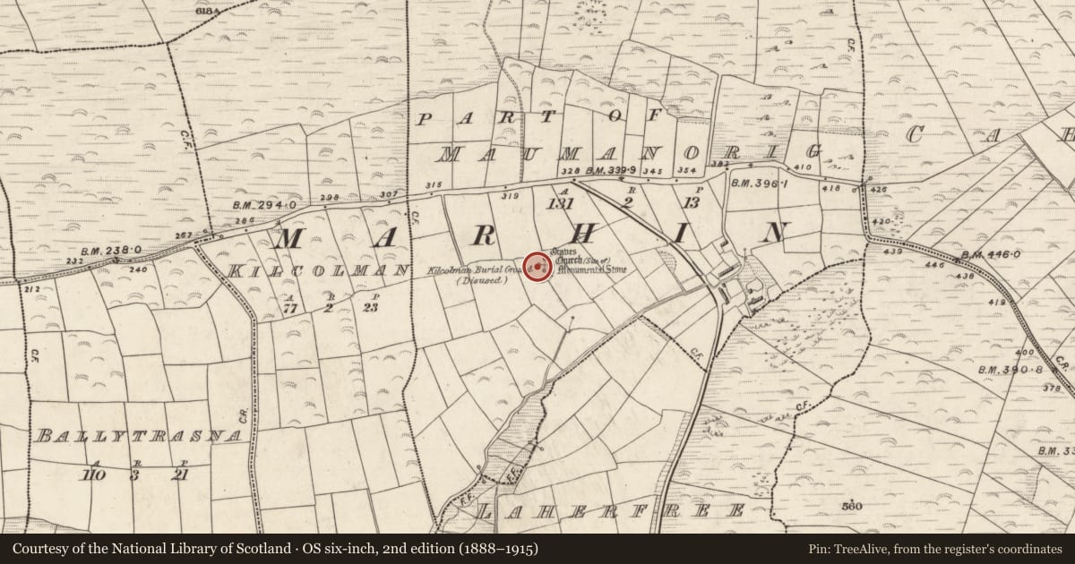Ordnance Survey six-inch map, 2nd edition (1888–1915) covering the location of Ecclesiastical enclosure, Mám An Óraigh, County Kerry, with a pin at the register's coordinates