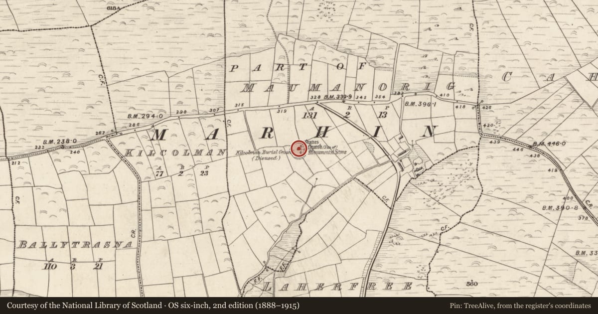 Ordnance Survey six-inch map, 2nd edition (1888–1915) covering the location of Church, Mám An Óraigh, County Kerry, with a pin at the register's coordinates
