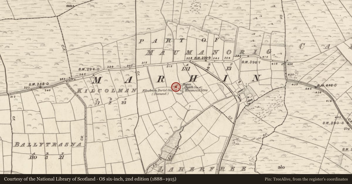 Ordnance Survey six-inch map, 2nd edition (1888–1915) covering the location of Hut site, Mám An Óraigh, County Kerry, with a pin at the register's coordinates