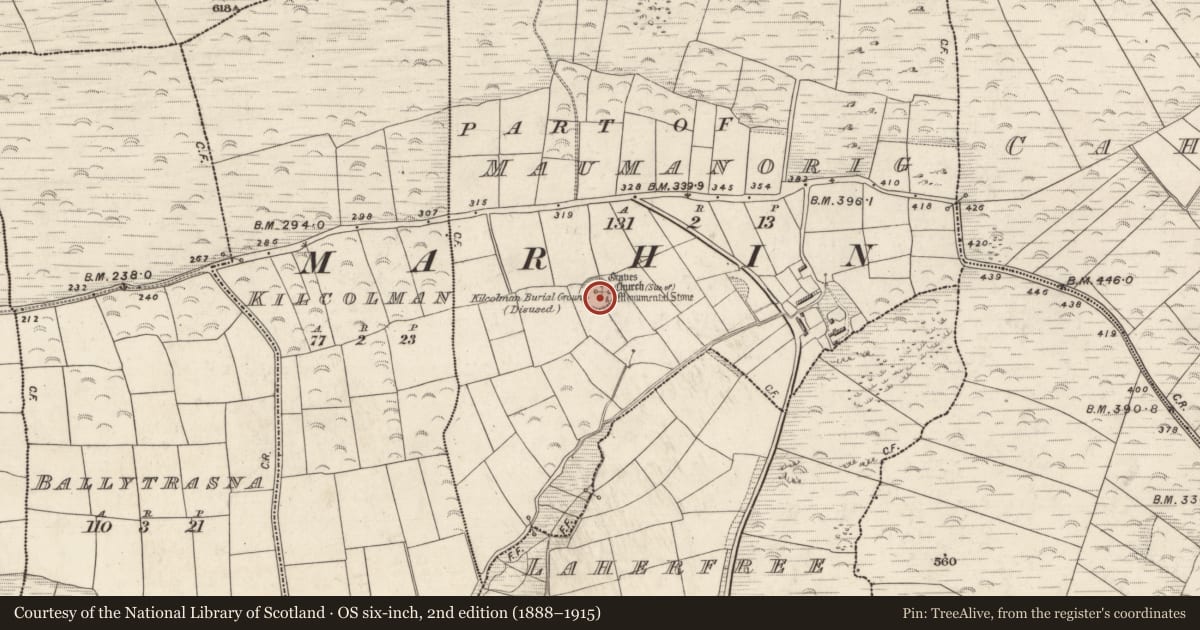 Ordnance Survey six-inch map, 2nd edition (1888–1915) covering the location of Graveyard, Mám An Óraigh, County Kerry, with a pin at the register's coordinates