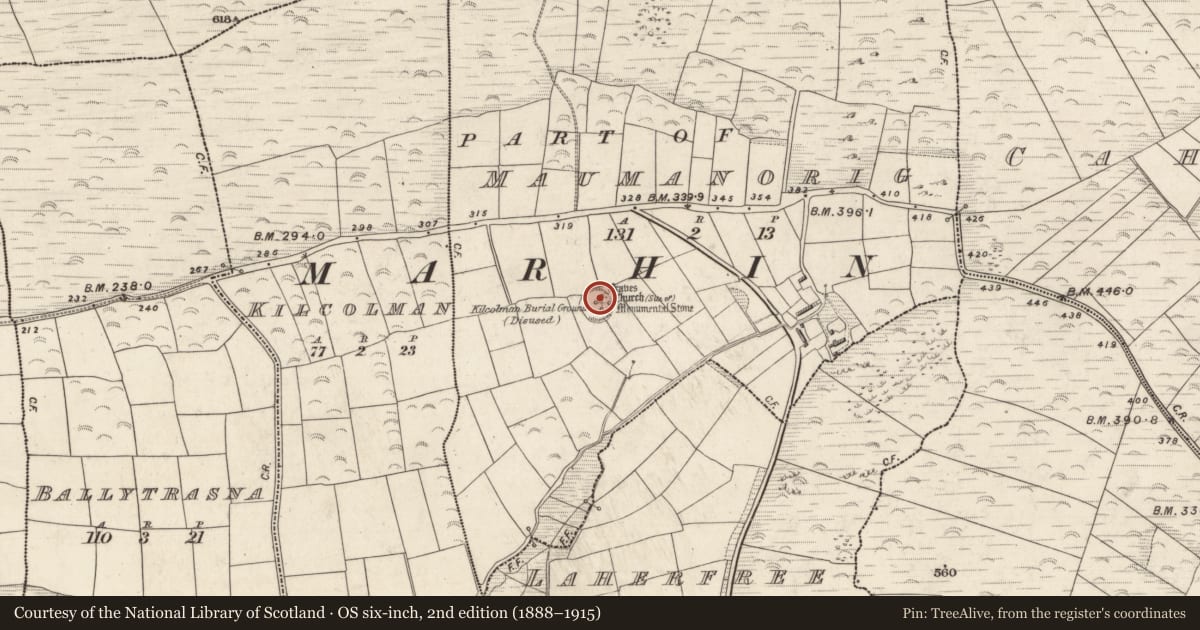 Ordnance Survey six-inch map, 2nd edition (1888–1915) covering the location of Children's burial ground, Mám An Óraigh, County Kerry, with a pin at the register's coordinates