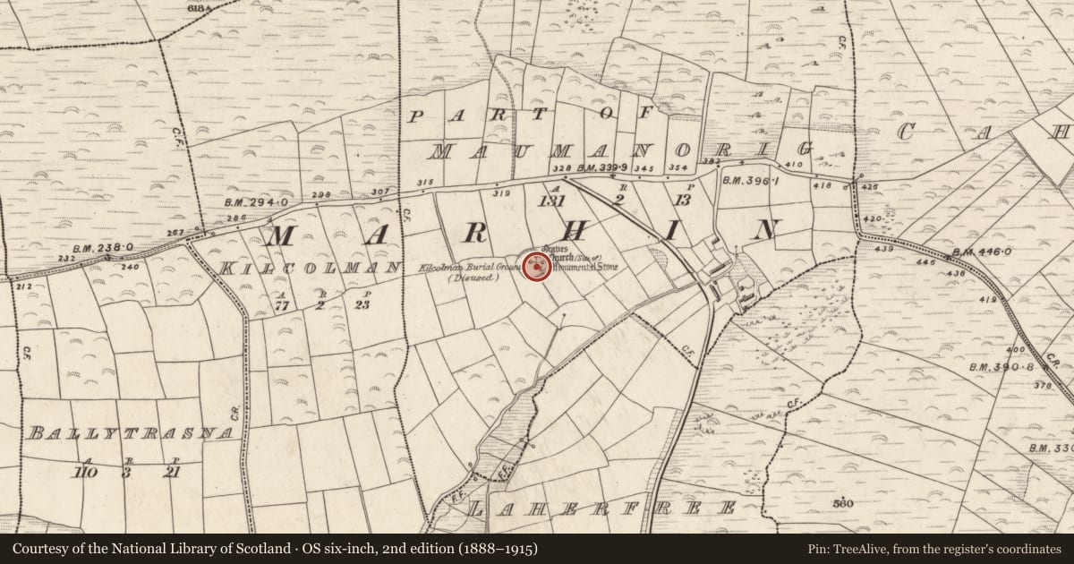 Ordnance Survey six-inch map, 2nd edition (1888–1915) covering the location of Ogham stone, Mám An Óraigh, County Kerry, with a pin at the register's coordinates