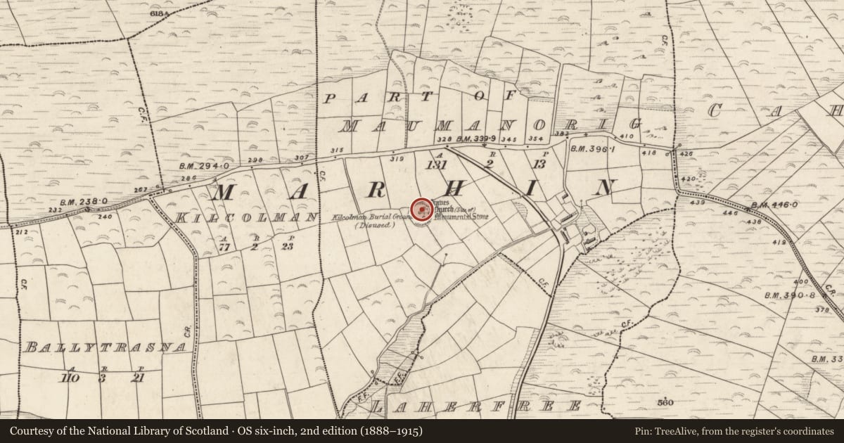 Ordnance Survey six-inch map, 2nd edition (1888–1915) covering the location of Holed stone, Mám An Óraigh, County Kerry, with a pin at the register's coordinates