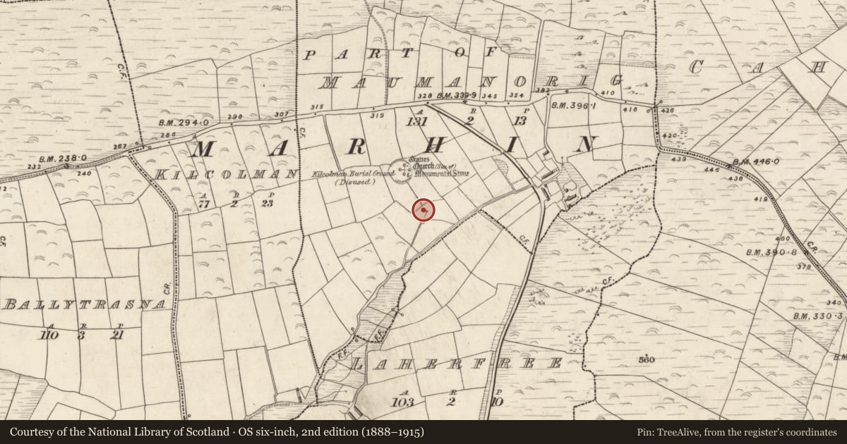 Ordnance Survey six-inch map, 2nd edition (1888–1915) covering the location of Ritual site - holy well, Mám An Óraigh, County Kerry, with a pin at the register's coordinates