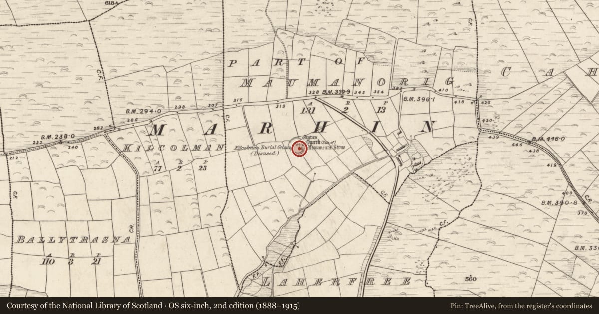Ordnance Survey six-inch map, 2nd edition (1888–1915) covering the location of Bullaun stone, Mám An Óraigh, County Kerry, with a pin at the register's coordinates