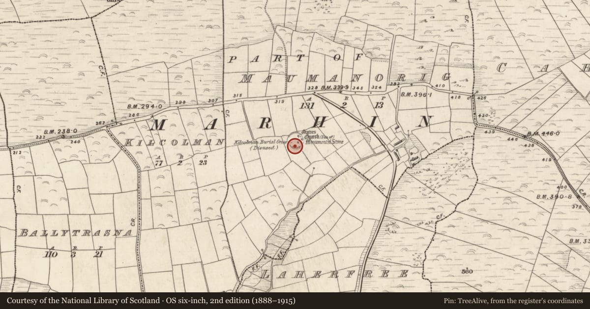 Ordnance Survey six-inch map, 2nd edition (1888–1915) covering the location of Hut site, Mám An Óraigh, County Kerry, with a pin at the register's coordinates