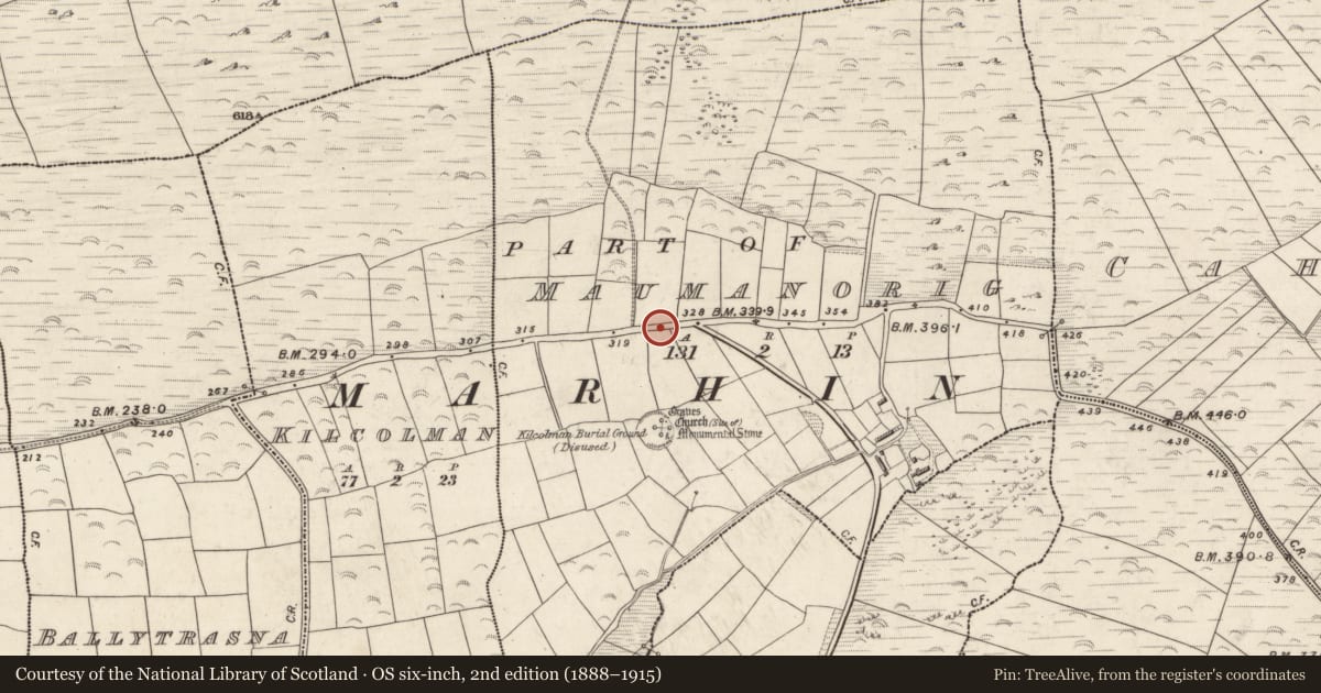Ordnance Survey six-inch map, 2nd edition (1888–1915) covering the location of Cross-inscribed stone, Mám An Óraigh, County Kerry, with a pin at the register's coordinates