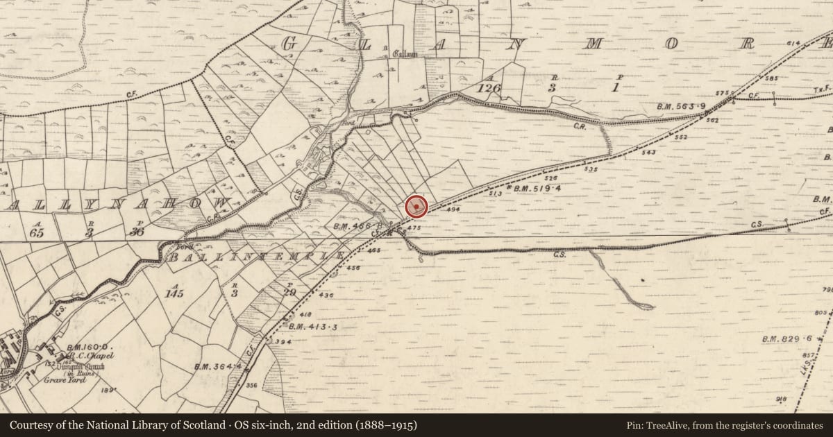 Ordnance Survey six-inch map, 2nd edition (1888–1915) covering the location of Mound, Baile An Teampaill, County Kerry, with a pin at the register's coordinates