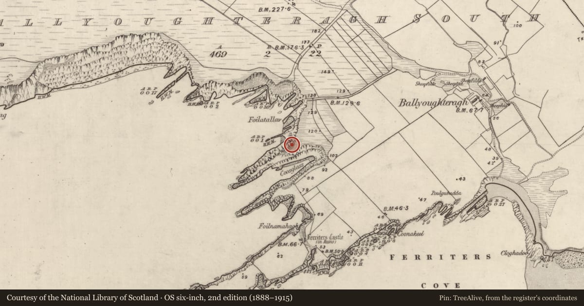 Ordnance Survey six-inch map, 2nd edition (1888–1915) covering the location of Promontory fort - coastal, An Baile Uachtarach Theas, County Kerry, with a pin at the register's coordinates