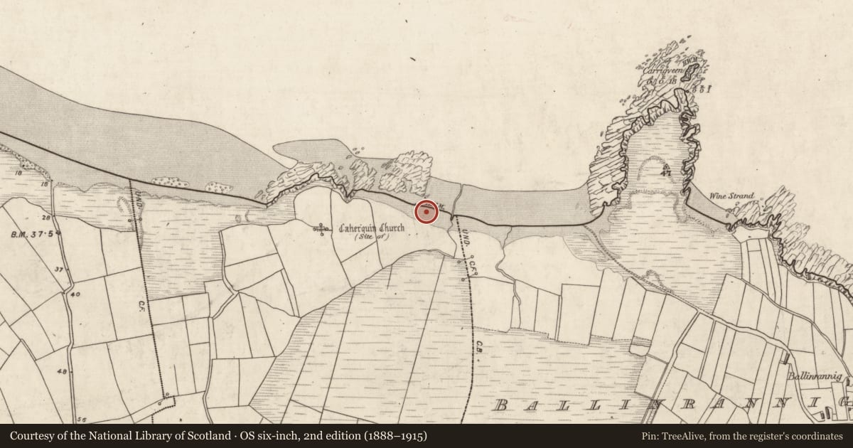 Ordnance Survey six-inch map, 2nd edition (1888–1915) covering the location of Habitation site, Cathair Coinn, County Kerry, with a pin at the register's coordinates