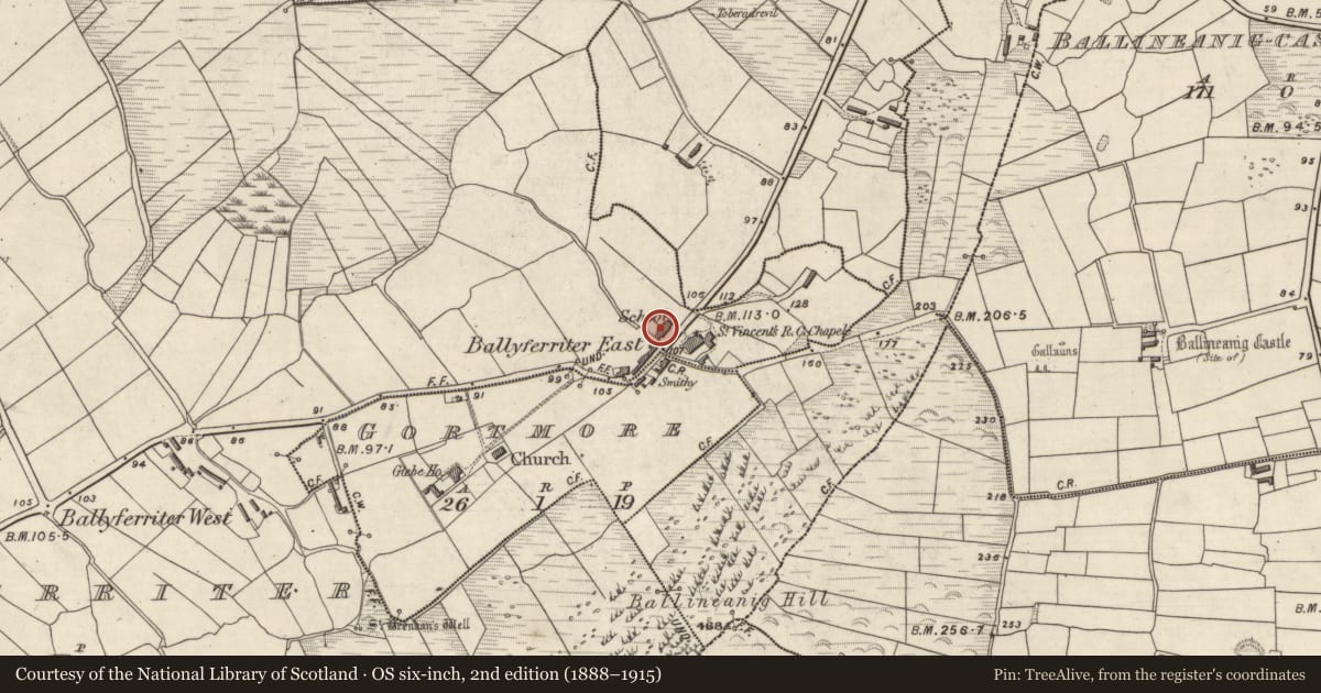 Ordnance Survey six-inch map, 2nd edition (1888–1915) covering the location of Rock art (present location), Baile An Fheirtéaraigh, County Kerry, with a pin at the register's coordinates