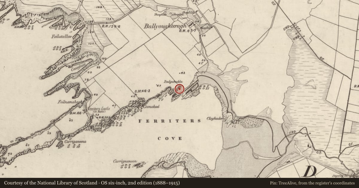 Ordnance Survey six-inch map, 2nd edition (1888–1915) covering the location of Promontory fort - coastal, An Baile Uachtarach Theas, County Kerry, with a pin at the register's coordinates