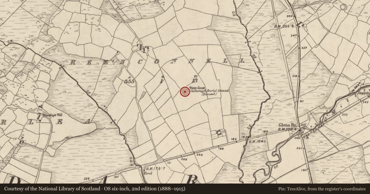 Ordnance Survey six-inch map, 2nd edition (1888–1915) covering the location of Children's burial ground, Rinn Chonaill, County Kerry, with a pin at the register's coordinates