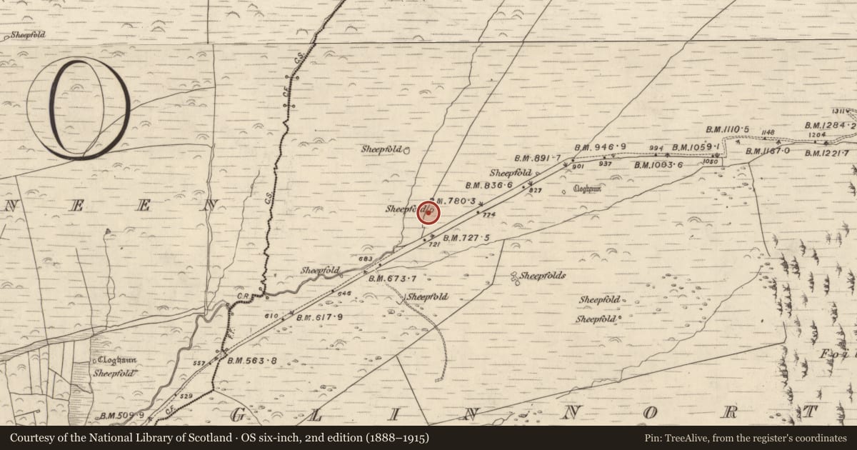 Ordnance Survey six-inch map, 2nd edition (1888–1915) covering the location of Hut site, Na Gleannta Thuaidh, County Kerry, with a pin at the register's coordinates