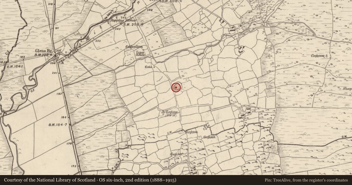 Ordnance Survey six-inch map, 2nd edition (1888–1915) covering the location of Hut site, Na Gleannta Thuaidh, County Kerry, with a pin at the register's coordinates