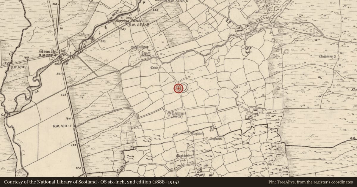 Ordnance Survey six-inch map, 2nd edition (1888–1915) covering the location of Hut site, Na Gleannta Thuaidh, County Kerry, with a pin at the register's coordinates