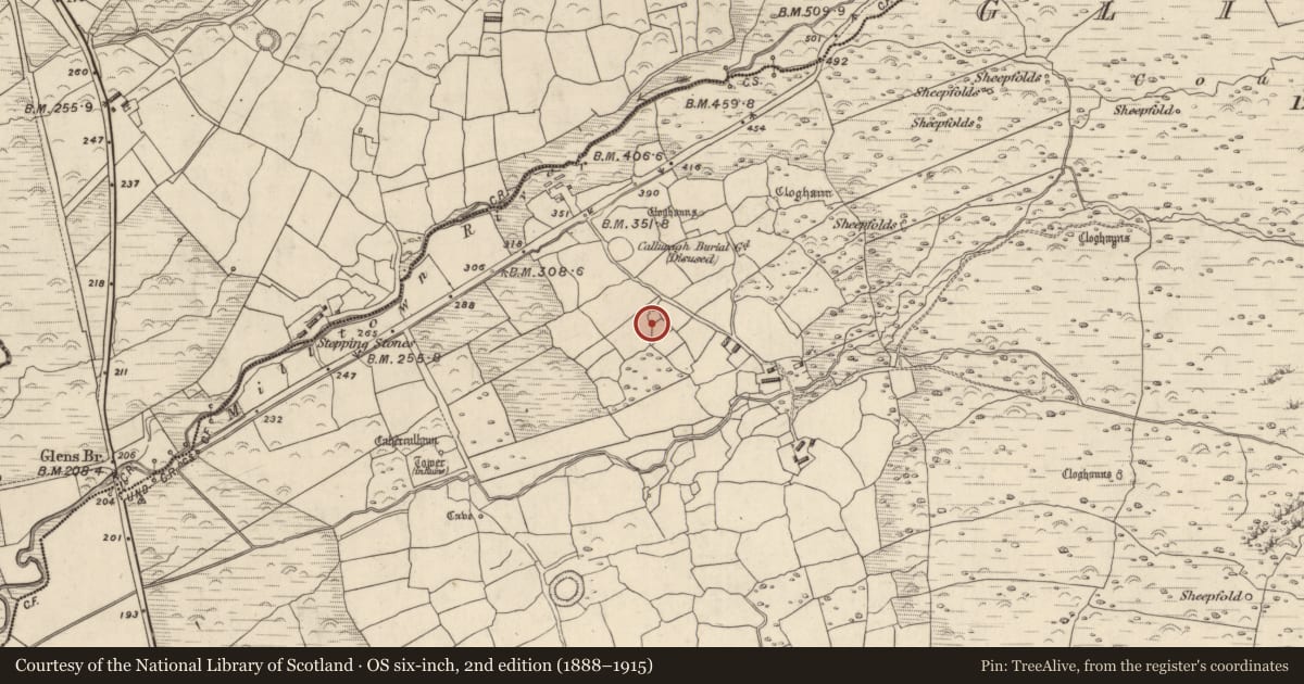 Ordnance Survey six-inch map, 2nd edition (1888–1915) covering the location of Hut site, Na Gleannta Thuaidh, County Kerry, with a pin at the register's coordinates