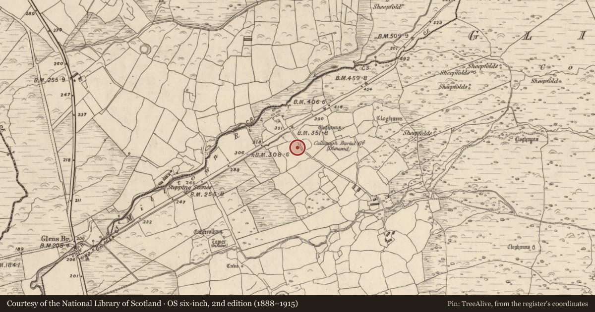 Ordnance Survey six-inch map, 2nd edition (1888–1915) covering the location of Hut site, Na Gleannta Thuaidh, County Kerry, with a pin at the register's coordinates