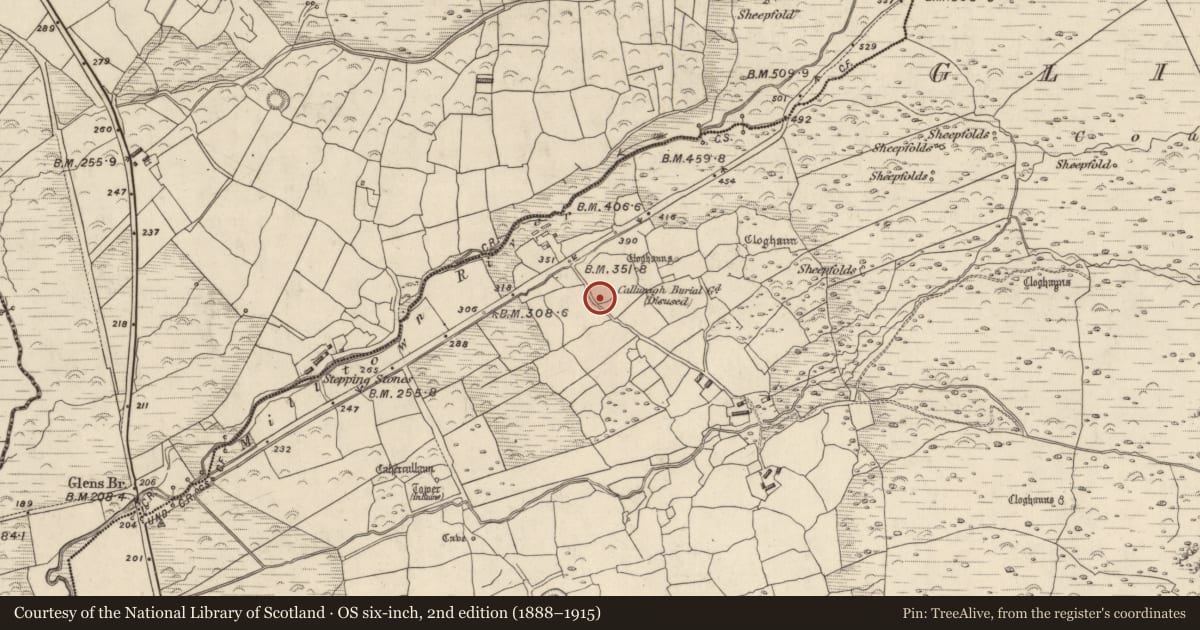 Ordnance Survey six-inch map, 2nd edition (1888–1915) covering the location of Cross-slab, Na Gleannta Thuaidh, County Kerry, with a pin at the register's coordinates