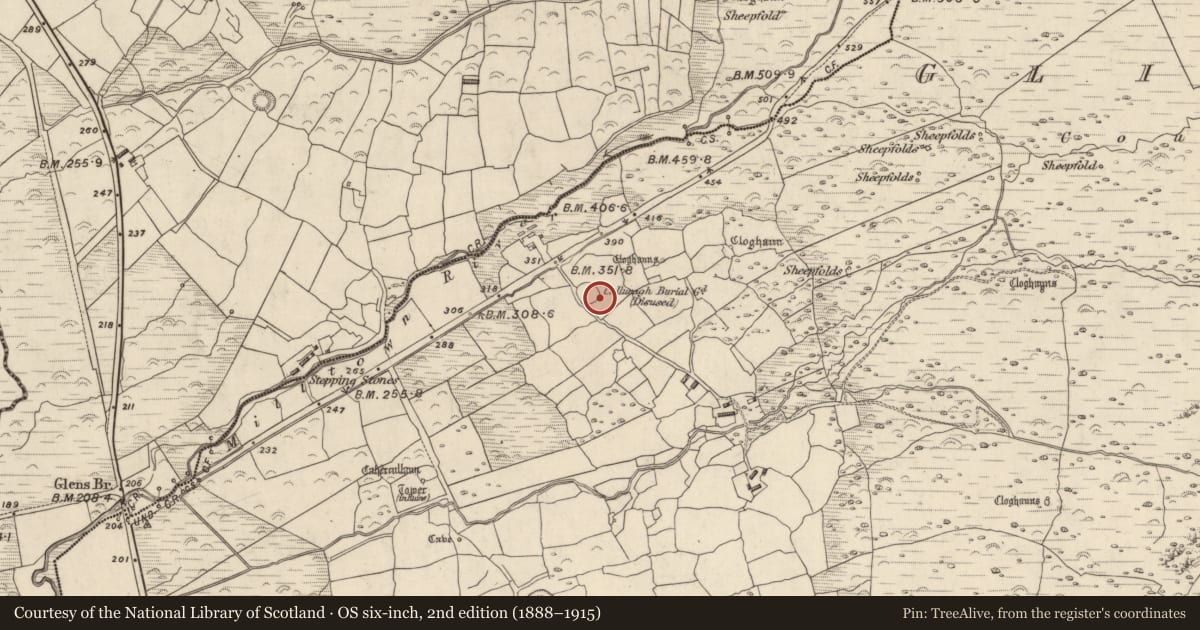 Ordnance Survey six-inch map, 2nd edition (1888–1915) covering the location of Cross-slab, Na Gleannta Thuaidh, County Kerry, with a pin at the register's coordinates